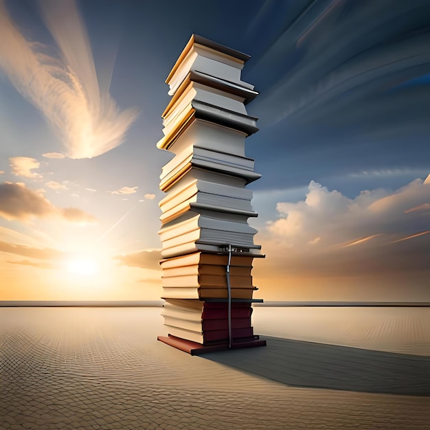 Фото Стопка книг на пляже на фоне заката