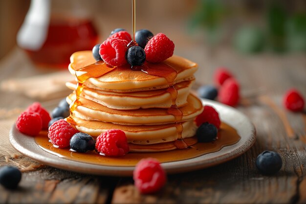 写真 stack of pancakes with berries and maple syrup