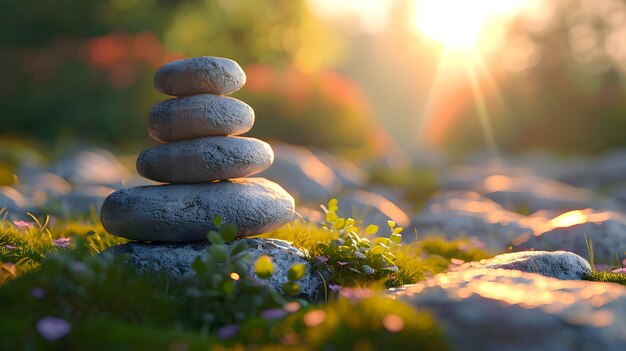 Фото Столб камней, балансирующий с природой, фон гармонии и концепция медитации.
