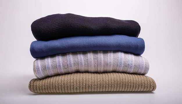 Фото Стопка различных свитеров, изолированных на белом фоне
