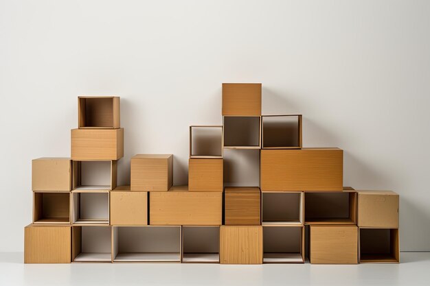 Фото Стопка деревянных кубиков на белом фоне стены 3d-рендер иллюстрация массива вложенных ящиков ящики расположены естественным образом, каждый из которых содержит богатую содержанием область ии