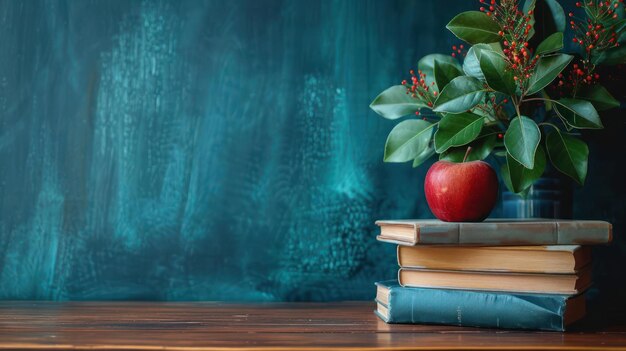 A stack of old books and an apple with a sprig of rowan on a dark background