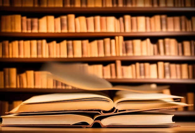 A stack of old books and flying book pages against the background of the shelves in the library