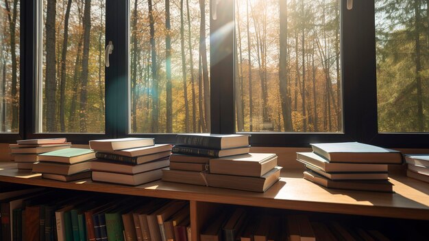 Stack of old books in nature on wooden board with blurred green background generate ai