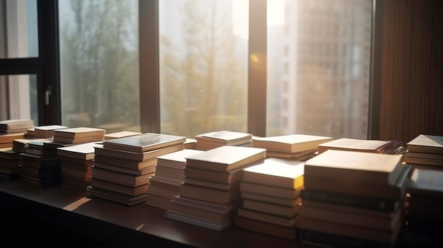 Stack of old books in nature on wooden board with blurred green background generate ai