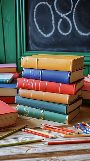 A stack of old books and pencils on a wooden table