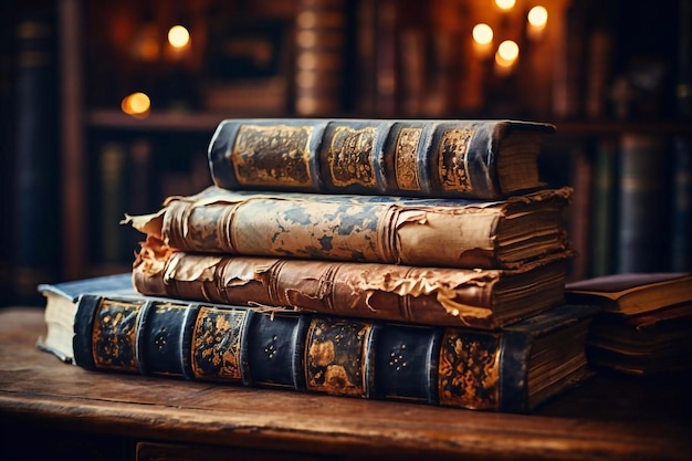 A stack of old books on table against background of bookshelf in library Ancient books as a symbol