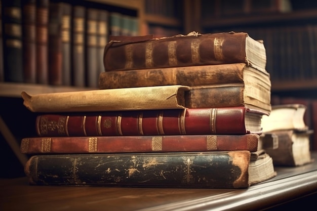 A stack of old books on a table with one of them reading the book.