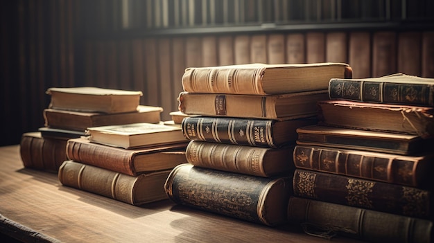 A stack of old books on a table