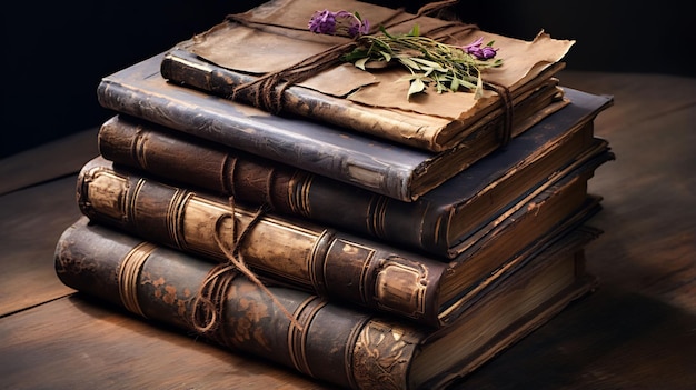 A stack of old books with a purple flower on the top