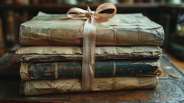 a stack of old books with the title  the name of the book  on the top