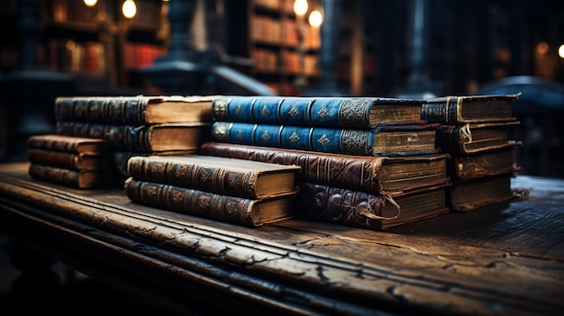 Photo a stack of old books on a wooden table generative ai