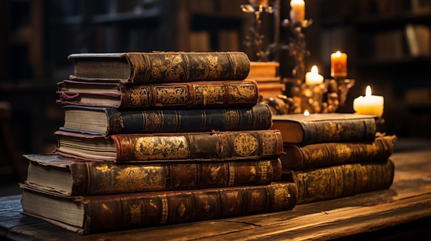 Stack of old books on wooden table in a library room