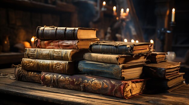 Stack of old books on wooden table in a library room