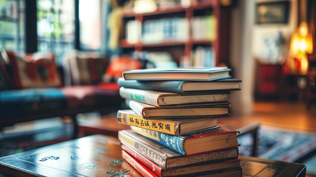 A stack of old books on a wooden table in a library