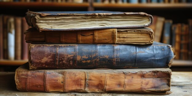 Stack of Old Books on Wooden Table