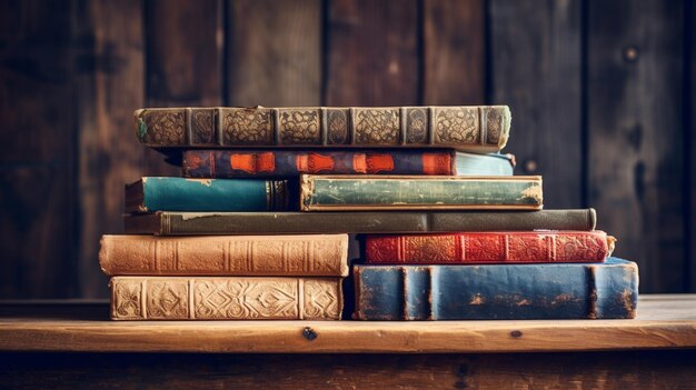 stack of old books on wooden table