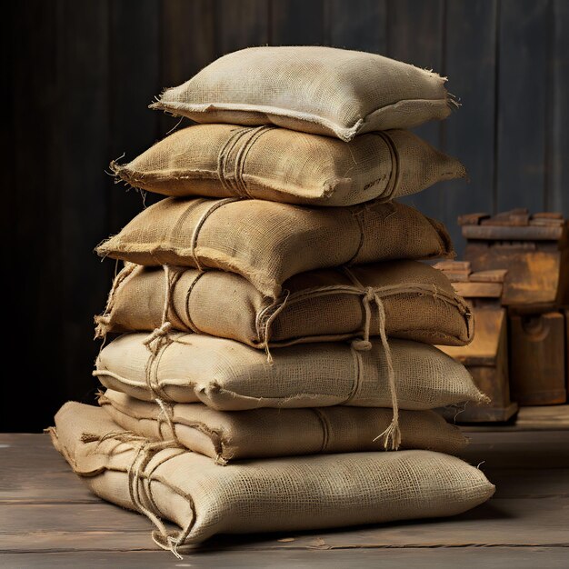 a stack of old brown and tan pillows on top of a pile of brown and tan cloths.