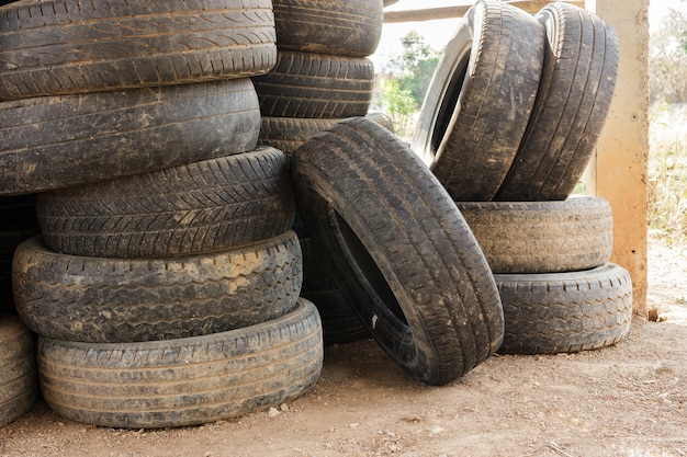 Stack  of old car tires for rubber recycling.