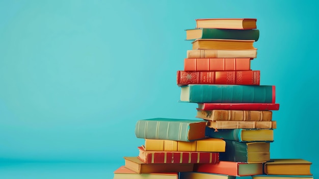 A stack of old dusty books against a blue background