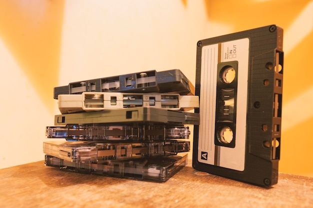 Stack of old fashioned cassette tapes