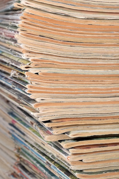 Stack of old magazines closeup