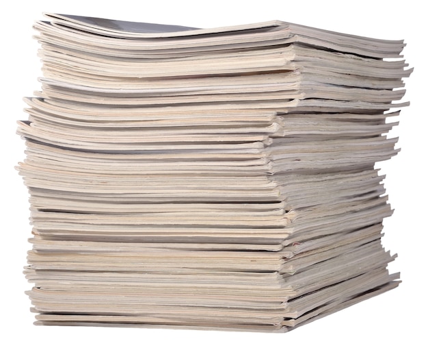 Stack of old magazines on a white background