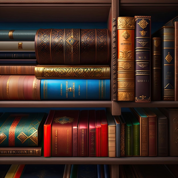 Stack of old ornate decorative books on a shelf Reading is fun Bookworm Volumes and tomes