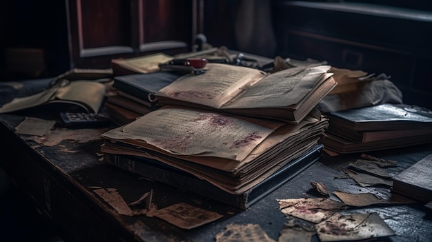 A stack of old papers on a table with a broken letter on it