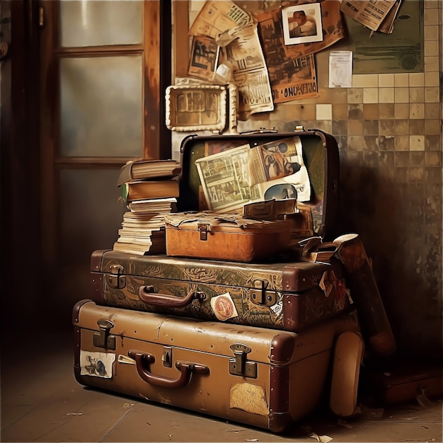 A stack of old suitcases piled up in a room with old photos