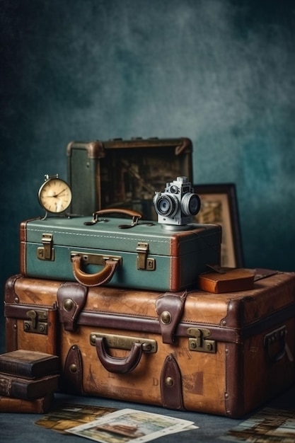 A stack of old suitcases with a clock on the top.