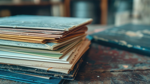 A stack of old weathered books on a wooden desk with vintage appeal