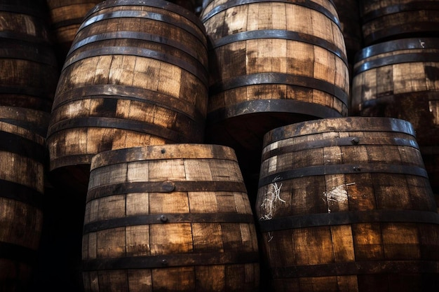 Photo a stack of old wooden barrels with a white mark on the bottom.