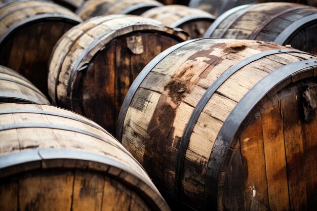 Stack of old wooden barrels