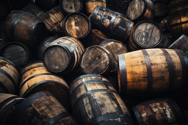 Stack of old wooden barrels