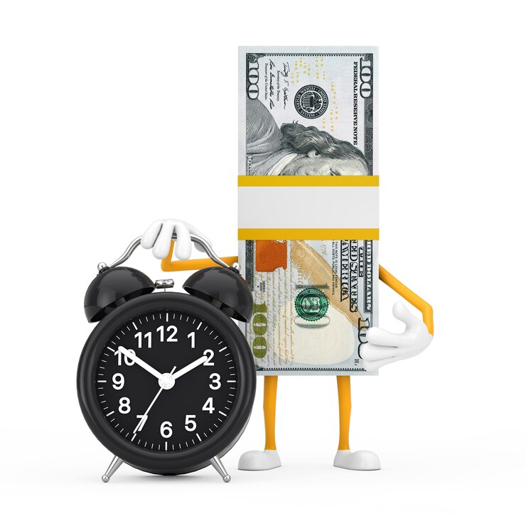 Photo stack of one hundred dollar bills person character mascot with alarm clock on a white background. 3d rendering