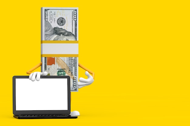 Stack of one hundred dollar bills person character mascot with modern laptop computer notebook and blank screen for your design on a yellow background. 3d rendering