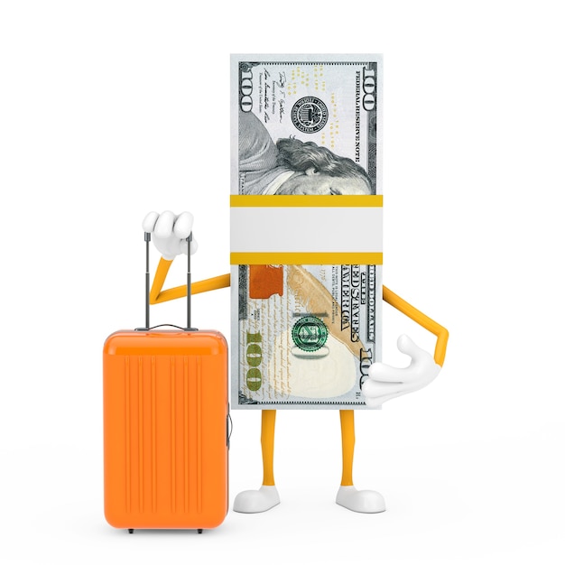 흰색 바탕에 주황색 여행 가방이 있는 100달러 지폐 사람 캐릭터 마스코트의 스택. 3d 렌더링
