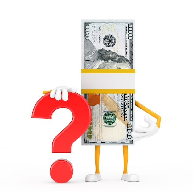 Stack of One Hundred Dollar Bills Person Character Mascot with Red Question Mark Sign on a white background. 3d Rendering