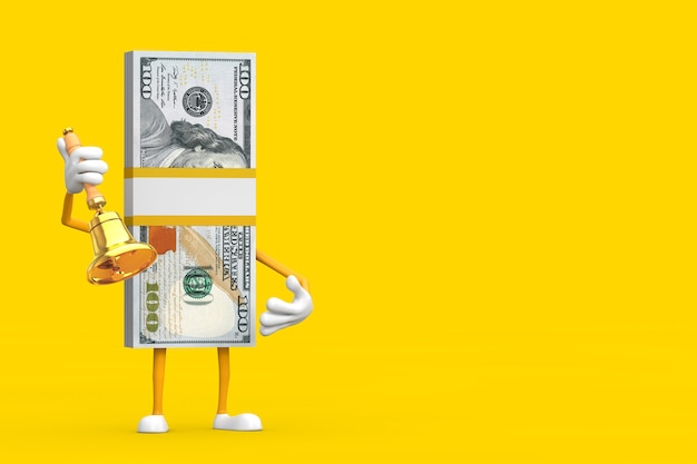 Stack of One Hundred Dollar Bills Person Character Mascot with Vintage Golden School Bell on a yellow background. 3d Rendering