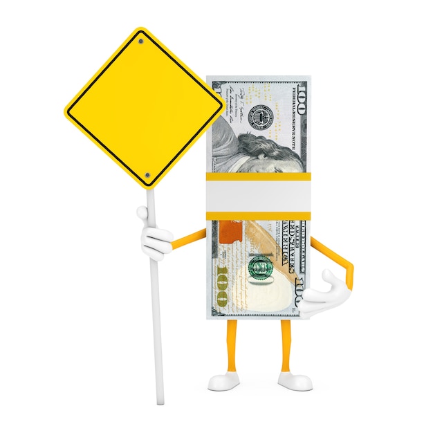 100ドル紙幣の人のキャラクターのマスコットと白い背景の上のあなたのデザインのための空きスペースと黄色の道路標識のスタック。 3Dレンダリング