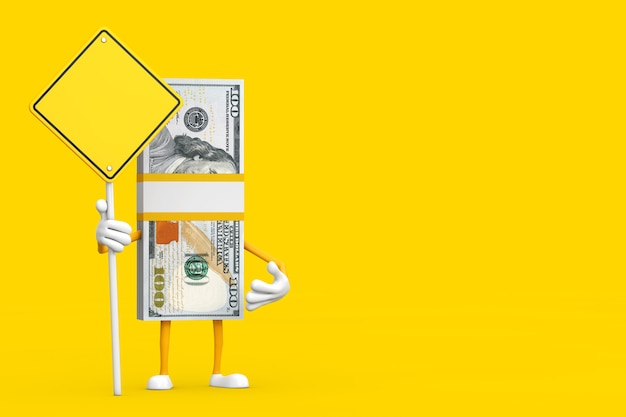 Stack of One Hundred Dollar Bills Person Character Mascot and Yellow Road Sign with Free Space for Yours Design on a yellow background. 3d Rendering