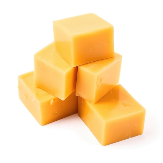 A stack of orange cheese cubes on a white background