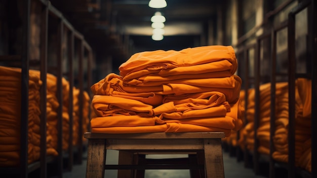 Stack of orange robes for prisoners Blurry prison cell in the background AI