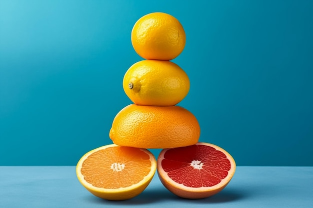 A stack of oranges and grapefruits stacked on top of each other.