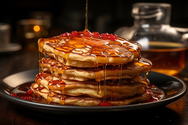 A stack of pan cakes with maple syrup