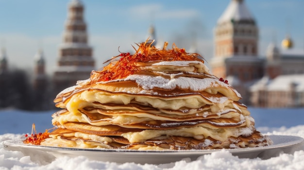 a stack of pancakes covered in powdered sugar with temple in the background