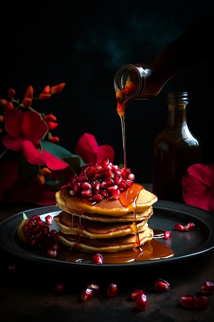 Stack of pancakes decorated with pomegranate Generative AI