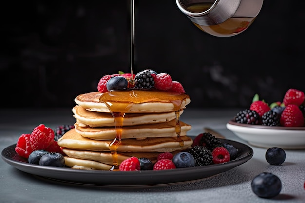 Stack of pancakes drizzle of syrup and sprinkle of berries for a sweet breakfast treat created with generative ai