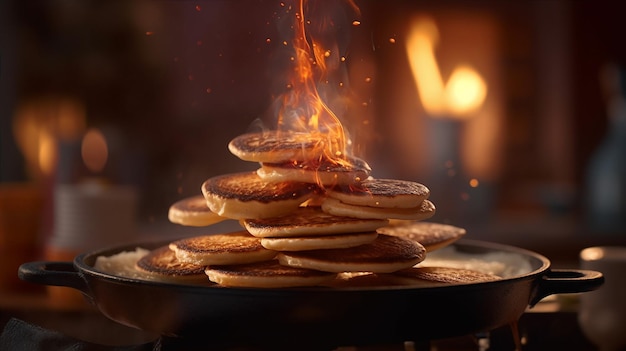 A stack of pancakes is burning on a grill.